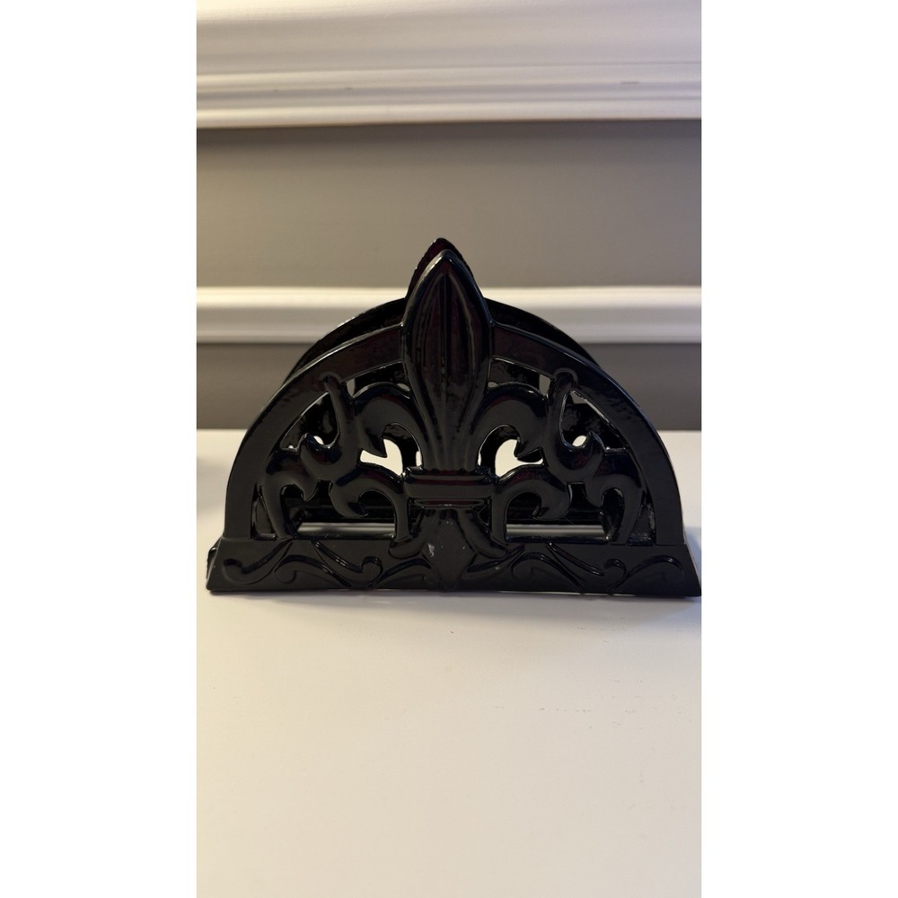 Vintage Cast Iron Fleur De Lis Napkin Holder Glossy Black French Country Decor